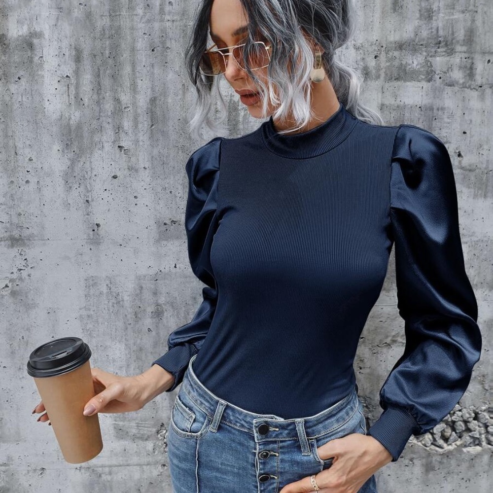 baby blue Ribbed long sleeve puff top fall - Picture 11 of 13